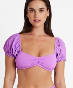 CUPSHE Mindful Solids Amethyst Puff Sleeve Bikini Top Bikinis