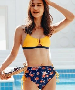 CUPSHE Colorblock Floral High Waisted Bikini Swimwear UP TO 70% OFF