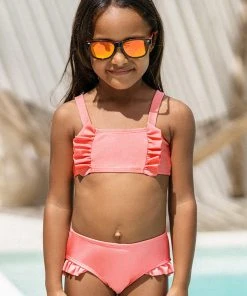 CUPSHE Girls’Pink Shiny Tricot Ruffled Bralette And Hipster Bikini Set