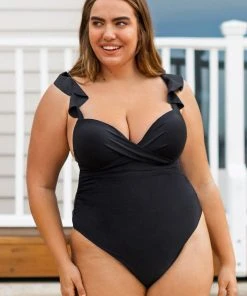 CUPSHE Swimwear UP TO 70% OFF Serena Black Ruffle Black Plus Size One Piece Swimsuit