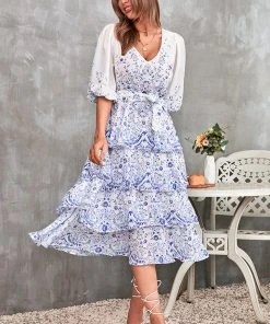 CUPSHE Dresses Geneva Floral Bubble Sleeve Tie Waist A-Shape Dress