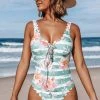 CUPSHE One Pieces Floral And Striped Scalloped One Piece Swimsuit