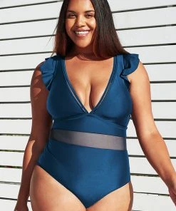 CUPSHE Swimwear Trendy Features Encounter Under The Waves Mesh Tummy Control Plus Size One Piece