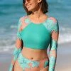 CUPSHE Swimwear UP TO 70% OFF Blooming Flowers Round Neck And Hipster Long Sleeve Swimsuit Set