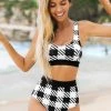 CUPSHE Black And White Plaid High Waisted Bikini