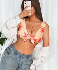 CUPSHE Bikinis Retro Flowers Bunny Tie Front Bralette & Cheeky Bikini Set