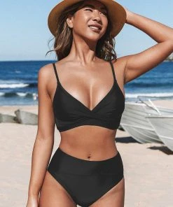 CUPSHE Marsala Black Wrap Front Bralette And Asymmetric High Waist Set Bikinis