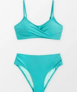 CUPSHE Bikinis Road Trip Twisted Bandeau & Shirred Mid Rise Bikini Set