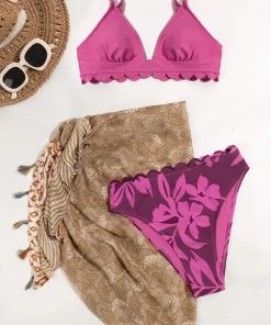 CUPSHE Scalloped 3 Piece Swimsuit Sarong Set