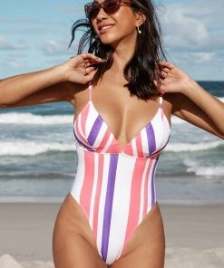 CUPSHE Luminescent V-Neck Paneled Stripes One Piece Swimsuit