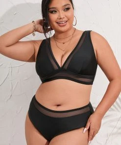 CUPSHE Swimwear Trendy Features Arizona Road Trip Mesh V-neck And Mid Rise Hipster Black Plus Size Bikini Set