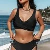 CUPSHE Bikinis Surplice Lace Back Wrap Bralette & Ruched Mid Rise Bikini Set