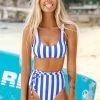 CUPSHE Blue And White Striped High Waisted Bikini Swimwear UP TO 70% OFF