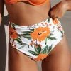 CUPSHE Orange Floral Shirring High Waisted Bikini Bottom