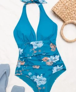 CUPSHE One Pieces Seafoam Garden Shirred Front V Neck Tummy Control One Piece