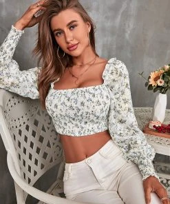 CUPSHE Madalynn Square Neck Puff Sleeve Crop Top Beach Shirts & Tops