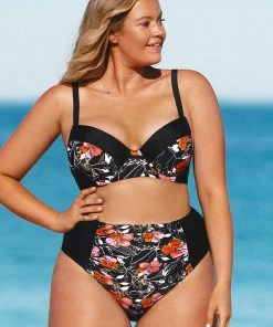 CUPSHE Black Floral High Waisted Plus Size Bikini Bottom