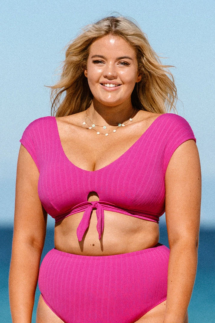 CUPSHE Swimwear BOGO 40% OFF Breezy Rib Faux Tie Cap Sleeve Bralette Plus Size Bikini Top