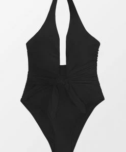 CUPSHE Precious Black Tie Front Cross Halter Black One Piece Swimsuit One Pieces