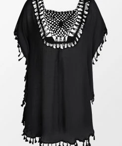 CUPSHE Cover Ups Sophia Black Square Neck Crochet Tassel Kaftan