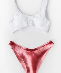 CUPSHE White Knotted And Red Stripe Bikini