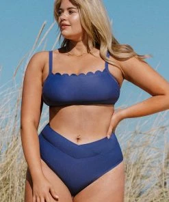 CUPSHE Santorini Solid Scalloped High Waist Tummy Control Plus Size Set