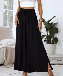 CUPSHE Cover Ups Delphina Elastic Waist Split Tie Black Pants