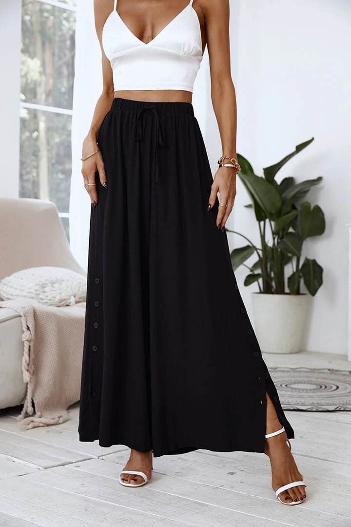 CUPSHE Cover Ups Delphina Elastic Waist Split Tie Black Pants