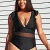 CUPSHE Black Ruffle Plunge V Neck Plus Size One Piece Swimsuit