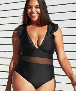 CUPSHE Black Ruffle Plunge V Neck Plus Size One Piece Swimsuit