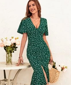 CUPSHE Aubree Short Sleeve Mid Length Lace Up Green Dress