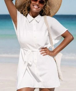 CUPSHE Austyn White Belted Button Front Shirt Dress Dresses