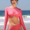 CUPSHE Vapor Wave Spliced Twist Front And Classic Long Sleeve Bikini Set Swimwear UP TO 70% OFF