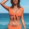 CUPSHE Dot Texture Bunny Tie Cap Sleeve Bralette And Hipster Bikini Set
