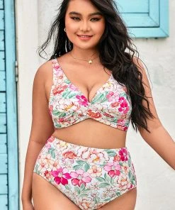 CUPSHE 90’s Floral Wrap Banded Tummy Control High Waist Plus Size Bikini