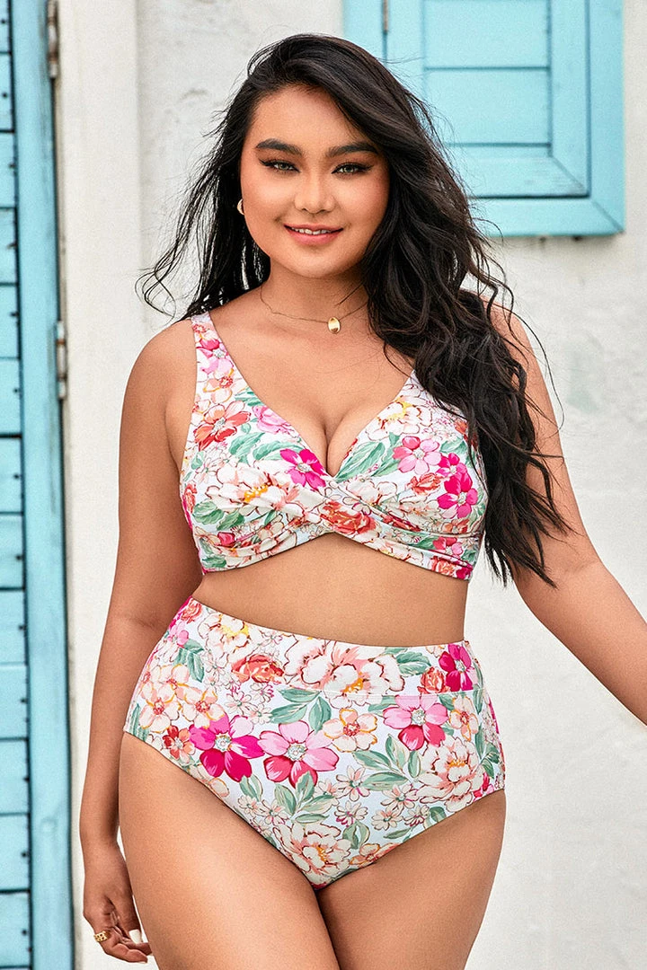 CUPSHE 90’s Floral Wrap Banded Tummy Control High Waist Plus Size Bikini