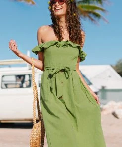 CUPSHE Alejandra Green Off Shoulder Ruffle Tea Length Dress