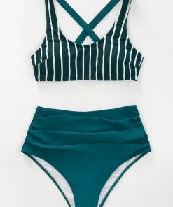 CUPSHE Teal And White Striped High Waisted Bikini