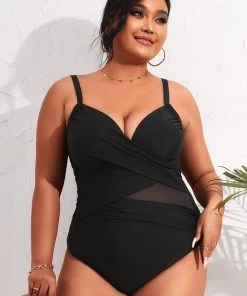 CUPSHE Swimwear Trendy Features Mesh Wrap Front Black Plus Size One Piece Swimsuit