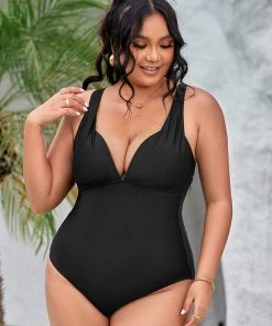 CUPSHE Summer Of Love Black Plunge Tummy Control Black Plus Size One Piece