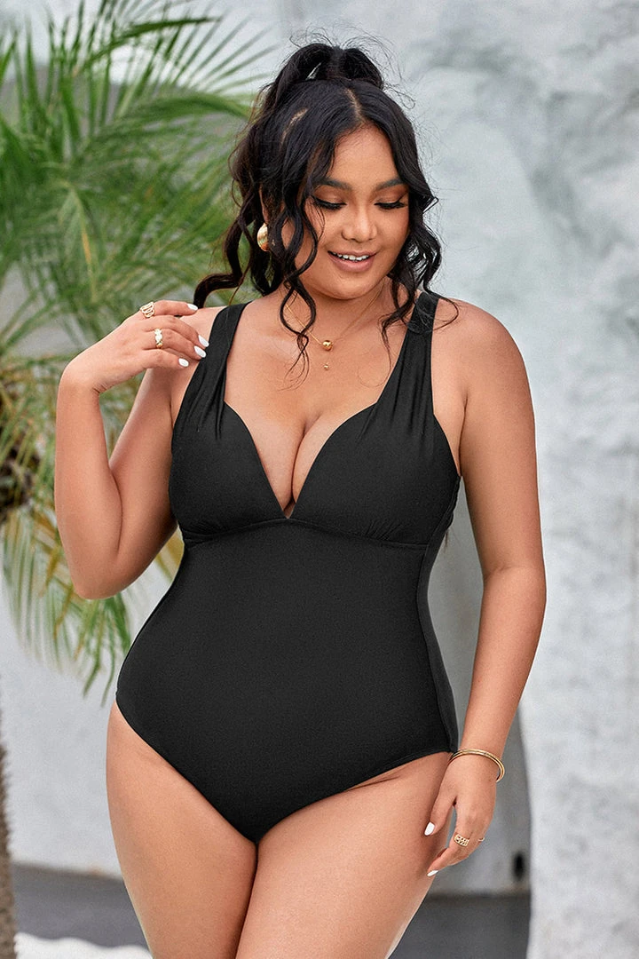 CUPSHE Summer Of Love Black Plunge Tummy Control Black Plus Size One Piece