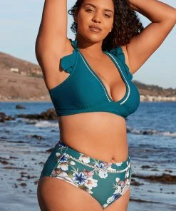 CUPSHE Teal And Floral Ruffle Plus Size Bikini Smocked And Floral Swimsuits