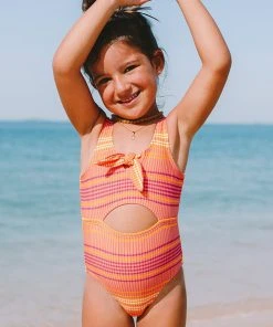 CUPSHE Girls' Mercury Stripe Bunny Tie Front One Piece Swimsuit One Pieces