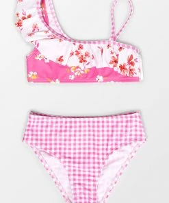 CUPSHE Girls' Ditsy Mix Ruffle One Shoulder And Hipster Bikini Set