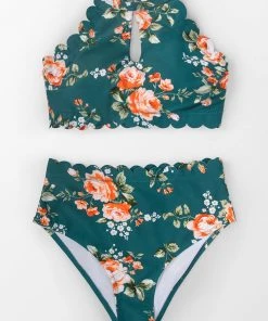 CUPSHE Swimwear UP TO 70% OFF Teal Floral Scalloped Bikini