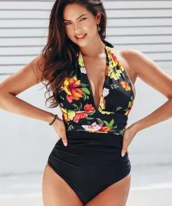 CUPSHE One Pieces Floral And Black Plunge Halter One-Piece Swimsuit