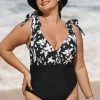 CUPSHE Tropical Floral Plunging Tie Strap Plus Size One Piece Swimsuit