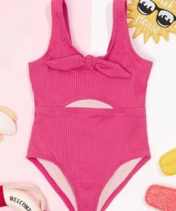 CUPSHE Girls Summer Dreaming Pink Ribbed Bunny Tie Front One Piece Swimsuit One Pieces