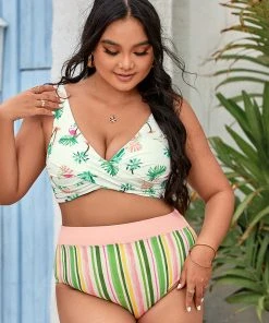 CUPSHE Palm Beach Wrap Banded High Waist Tummy Control Plus Size Bikini