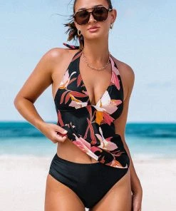 CUPSHE Bikinis Wild Lily Halter Tankini & Shirred Mid Rise Hipster Bikini Set